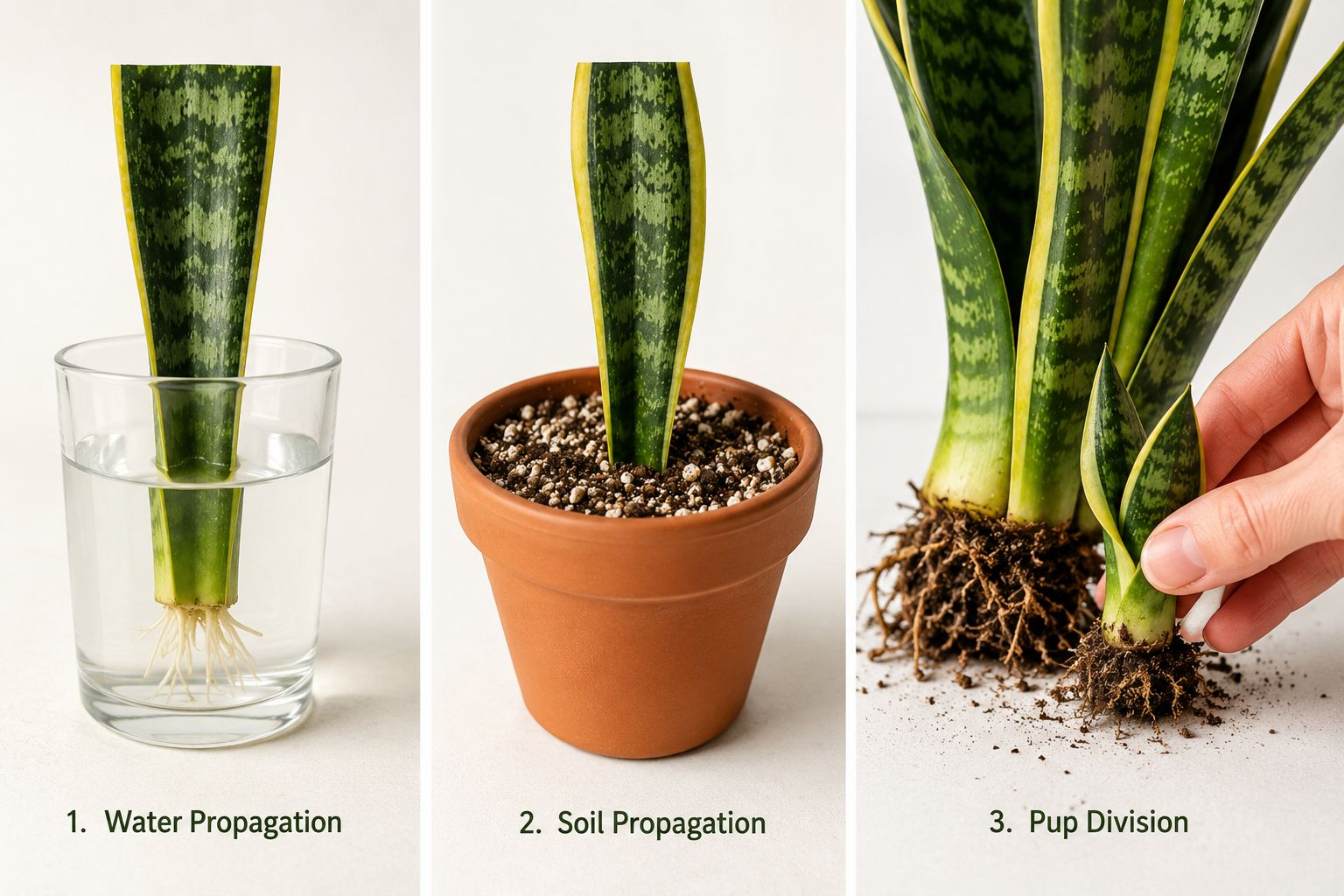 Three methods shown side by side — a leaf cutting in water with small roots visible, a leaf cutting in soil, and a plant being divided at the root base