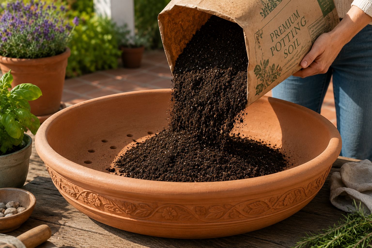 Wide shallow container being filled with rich dark compost-mixed potting soil outdoors on a sunny patio, drainage holes visible at the base, ready for onion planting, bright natural light, clean lifestyle photography