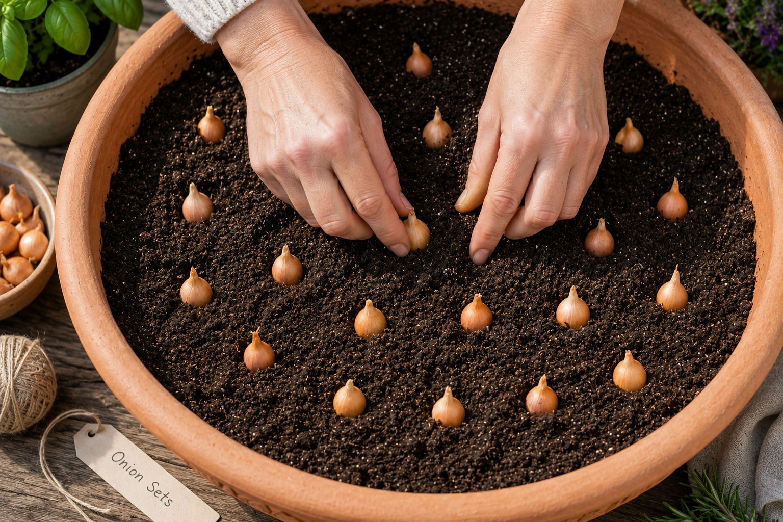 Hands pressing small onion sets pointed-end-up into prepared potting soil in a wide container, sets evenly spaced apart, bright natural outdoor light, top-down close-up lifestyle photography