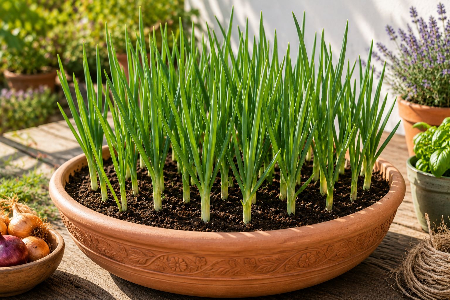Healthy rows of tall green onion shoots growing in a wide container on a bright sunny outdoor patio, multiple shoots at different heights, morning light, clean lifestyle photography