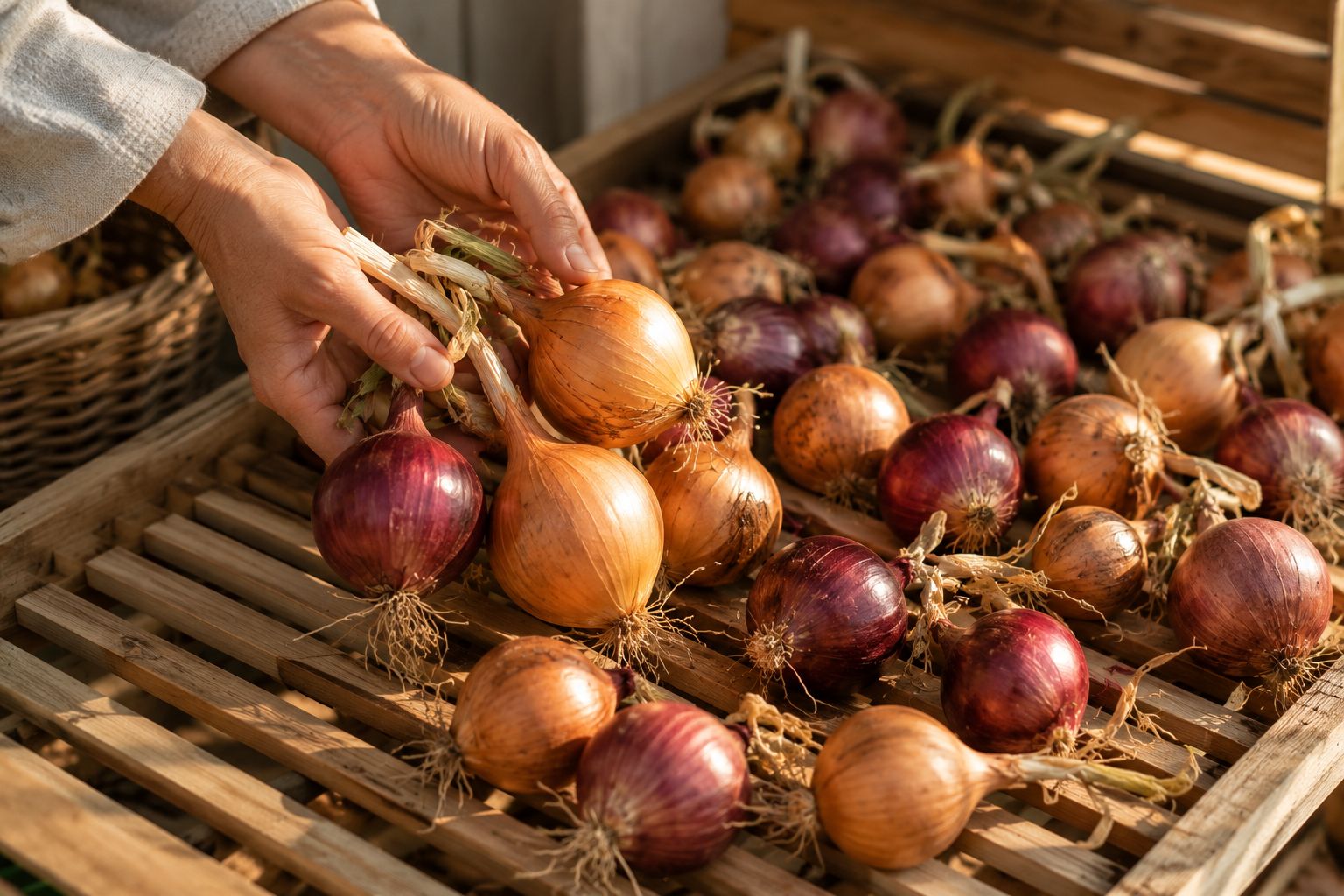 Hands gently lifting freshly harvested onion bulbs from soil, golden and red papery skins visible, bulbs laid out in a single layer on a wooden rack in a shaded dry spot, warm natural light, lifestyle photography
