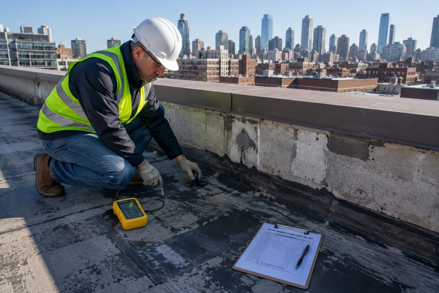 A structural engineer examining a flat concrete rooftop, measuring load-bearing points and checking the condition of the roof membrane, professional inspection, urban building background