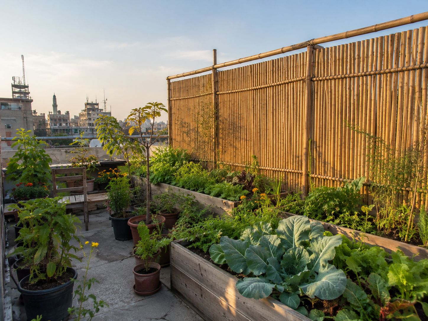 A rooftop garden with a bamboo screen windbreak on the windward side, plants sheltered and growing well behind it, the city skyline visible beyond the screen, warm afternoon light, lifestyle photography