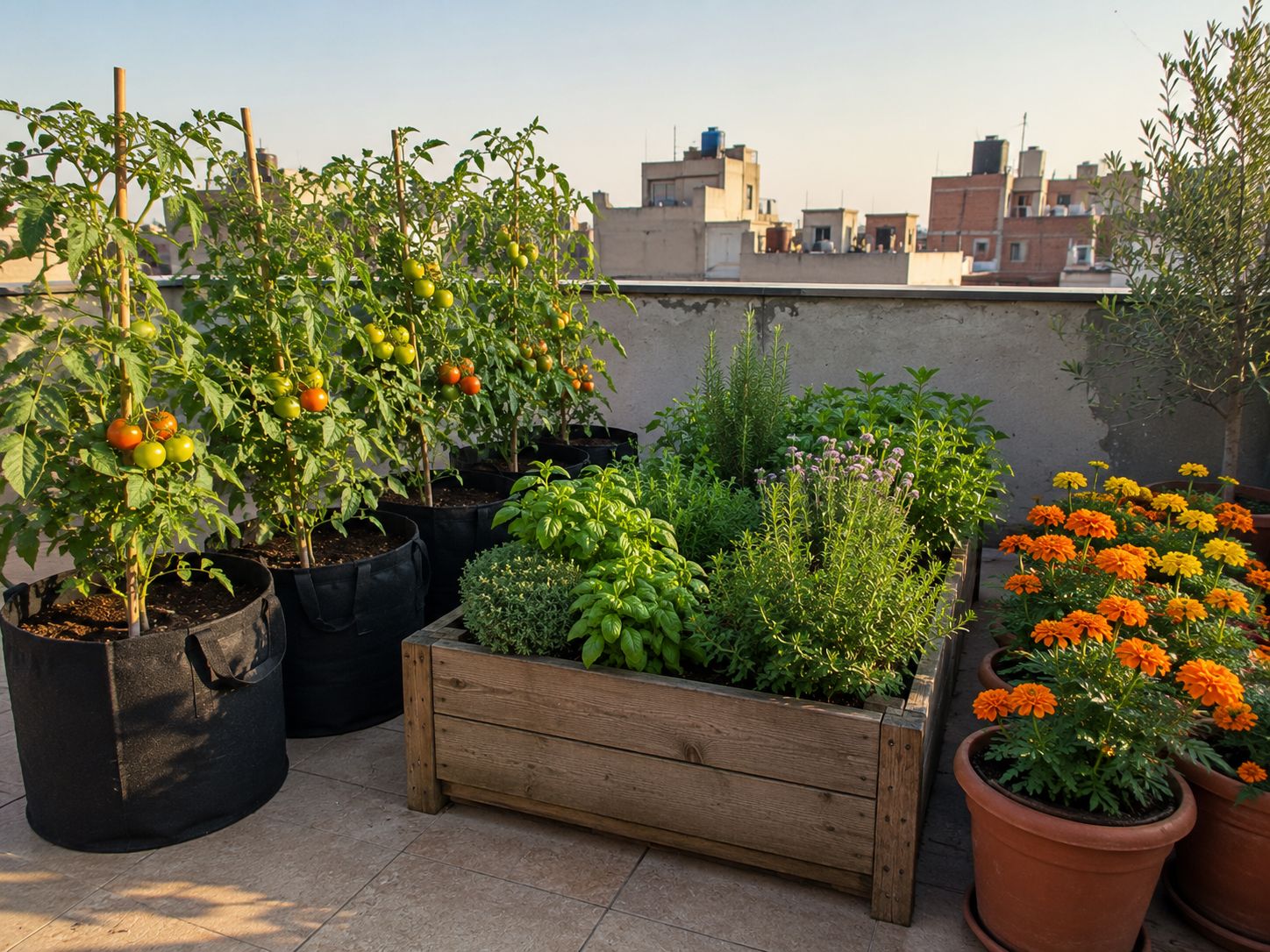 A well-designed rooftop garden showing three different container types side by side — fabric grow bags with vegetables, wooden raised beds with herbs, and terracotta pots with flowers — arranged on a sunny urban rooftop, lifestyle photography