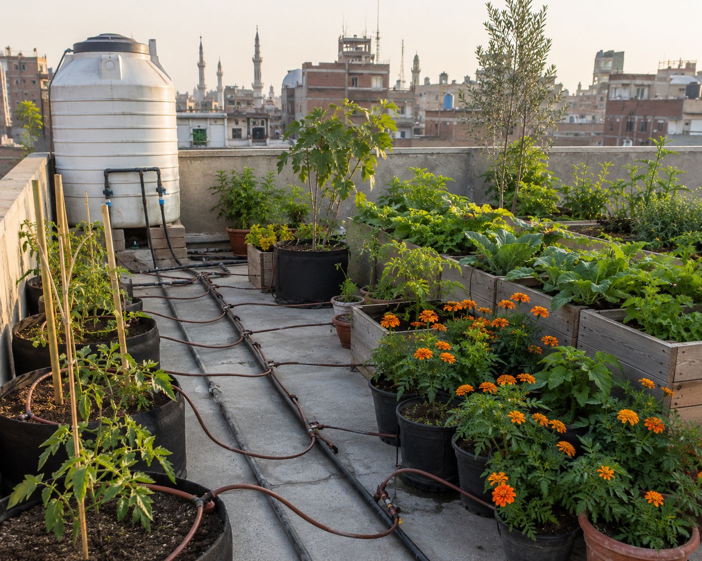 A simple drip irrigation system set up across a rooftop garden, thin tubing running to individual containers, connected to a rooftop water tank, plants growing healthily around it, morning light, practical gardening photography