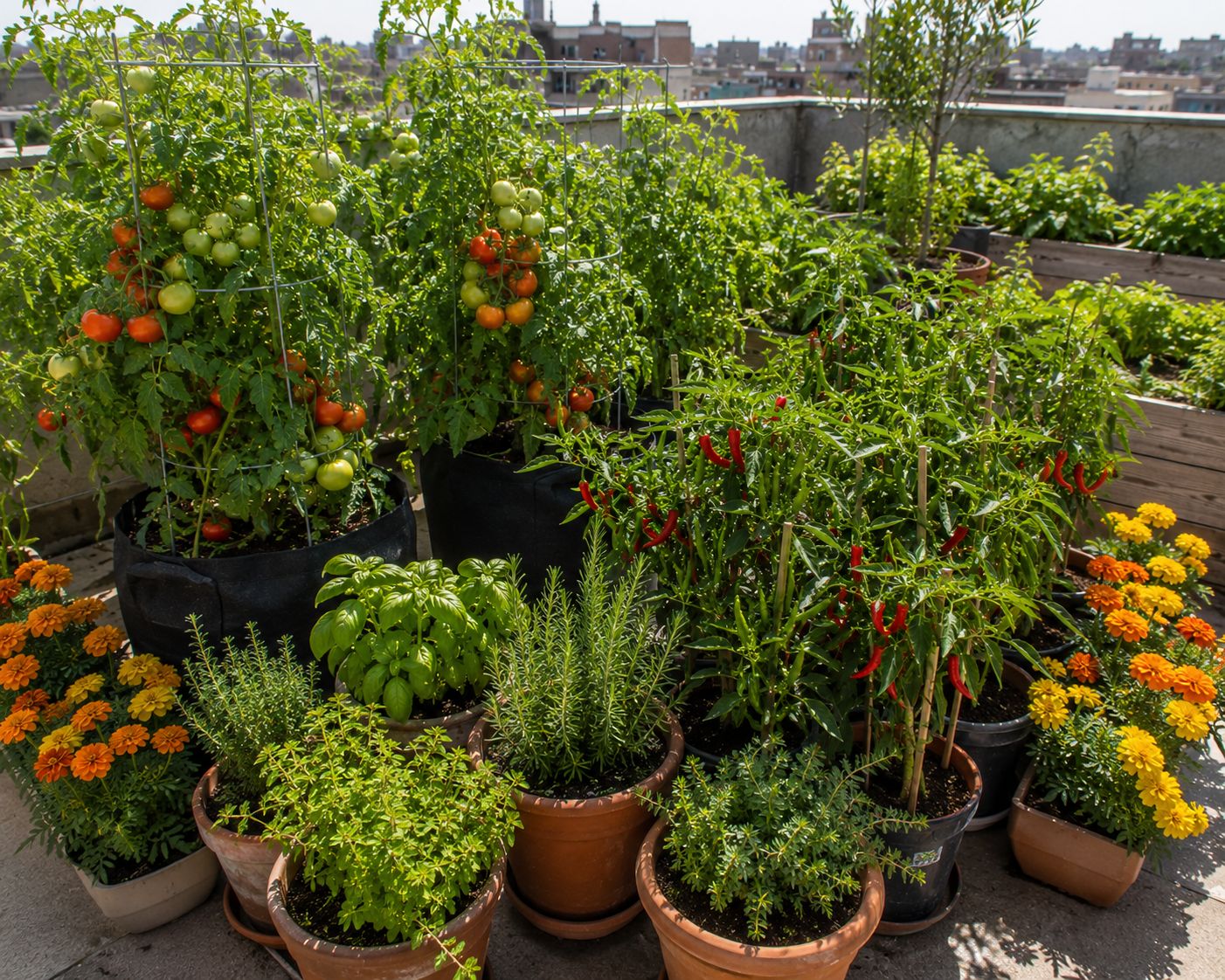 A thriving rooftop kitchen garden with tomatoes in cages, chilli plants heavy with fruit, herbs in terracotta pots, and marigolds as border plants, all growing in a compact well-organised rooftop space in full sun, lifestyle photography
