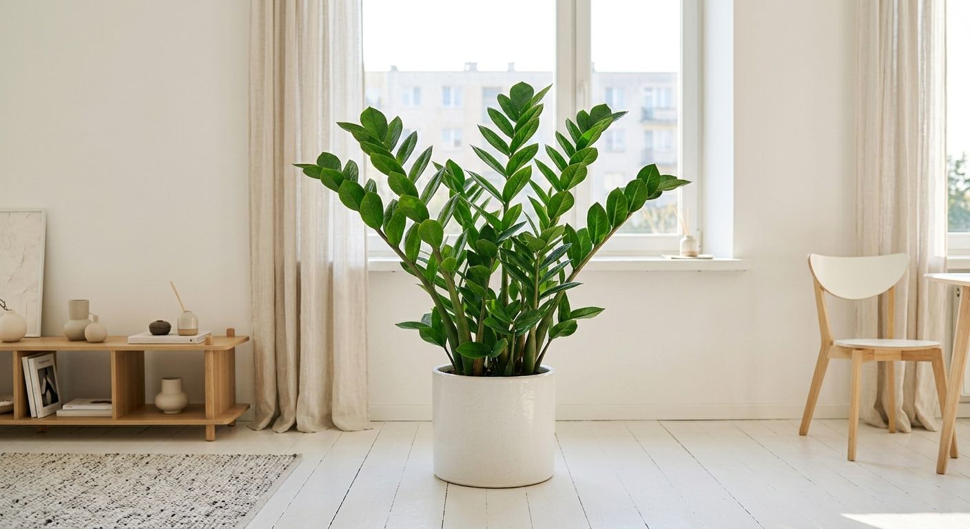 A healthy ZZ plant with glossy upright stems in a bright living room a few feet back from a large window, warm natural indoor light, white minimal interior, lifestyle photography