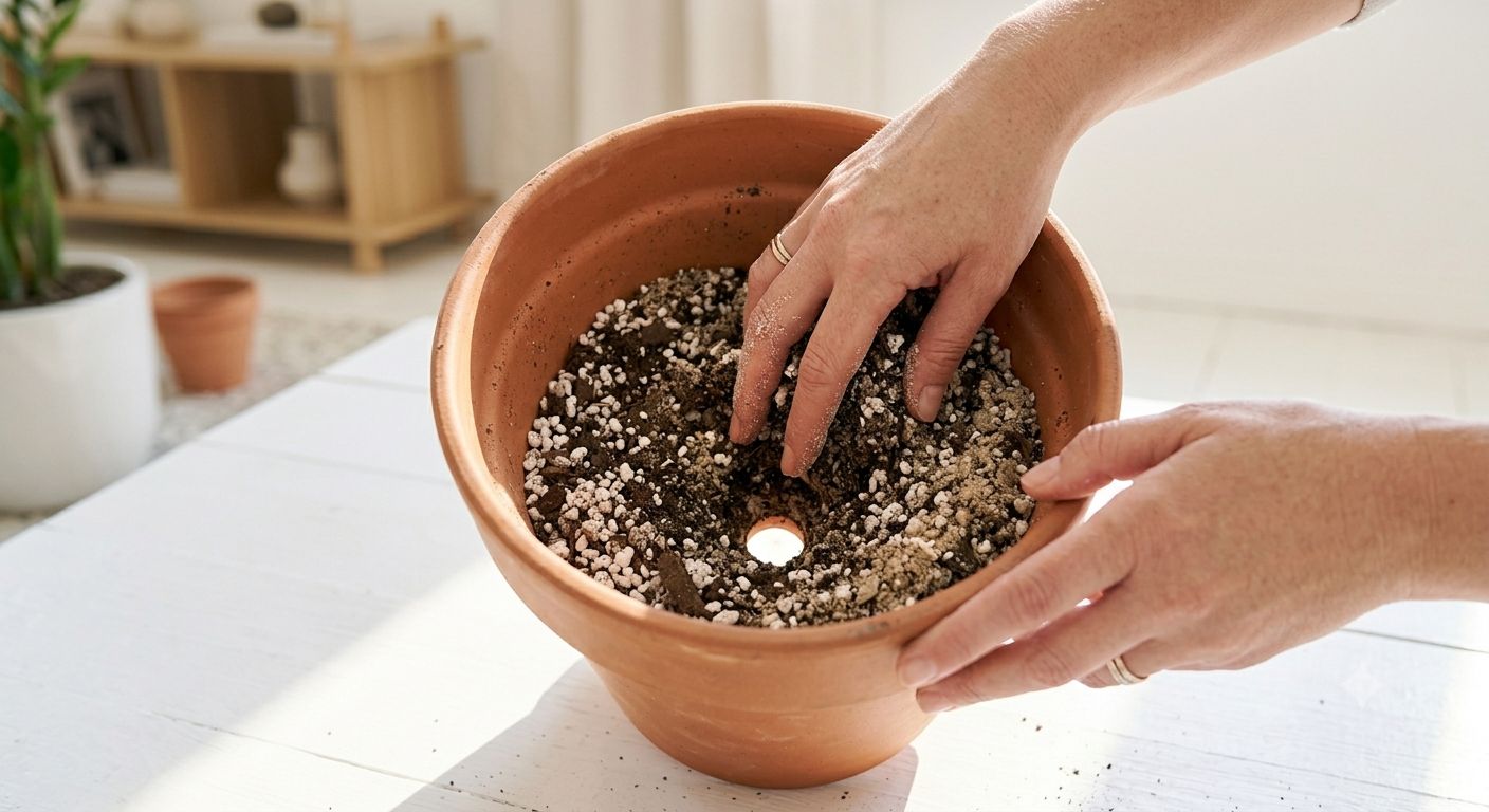 Close-up of hands mixing a lightweight ZZ plant soil — potting mix combined with perlite and coarse sand in a terracotta pot with a drainage hole clearly visible at the base, bright natural light, clean lifestyle photography