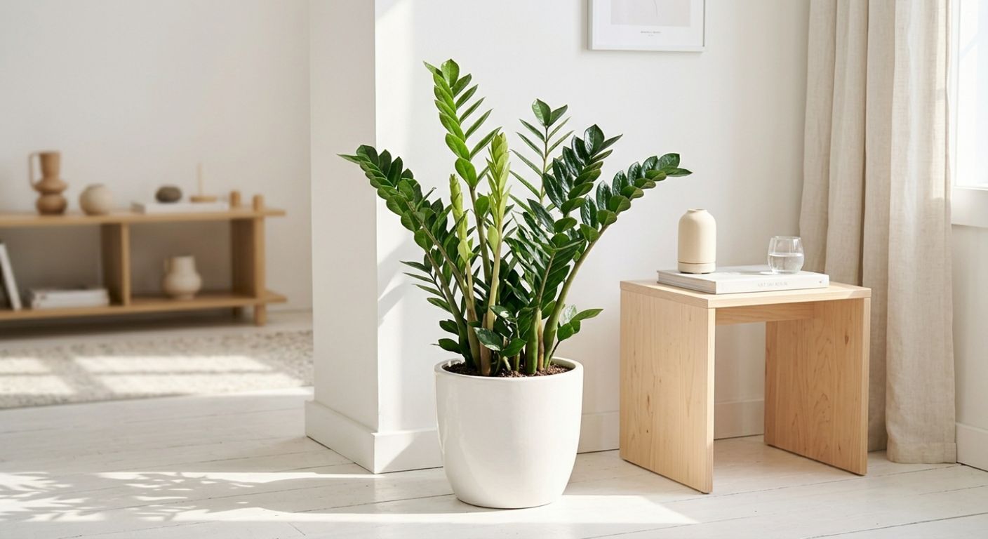 ZZ plant in a bright modern living room corner, upright stems reflected in a nearby mirror, warm ambient afternoon light, minimal white interior, lifestyle photography