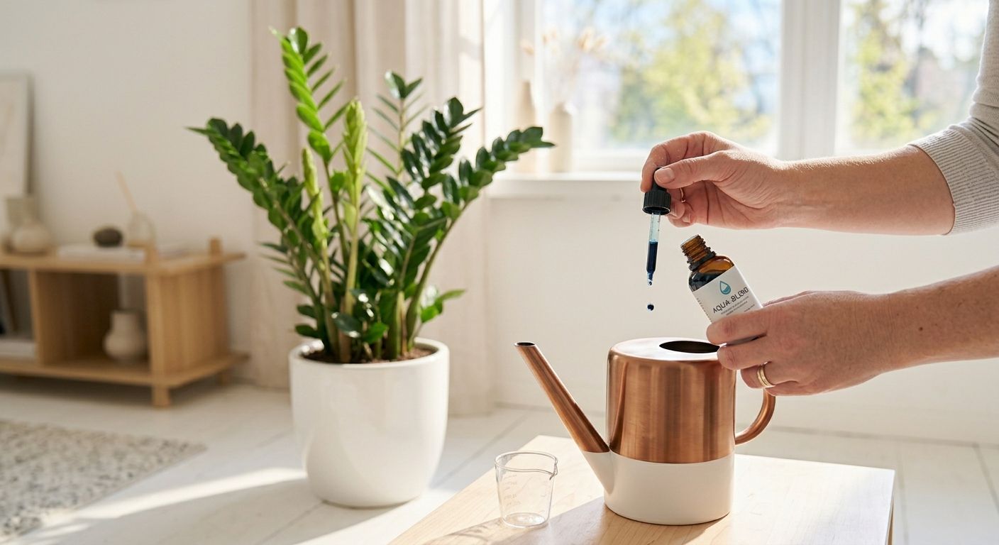 Hands carefully diluting liquid houseplant fertiliser into a small watering can, about to feed a ZZ plant on a bright windowsill, spring morning light, clean lifestyle photography