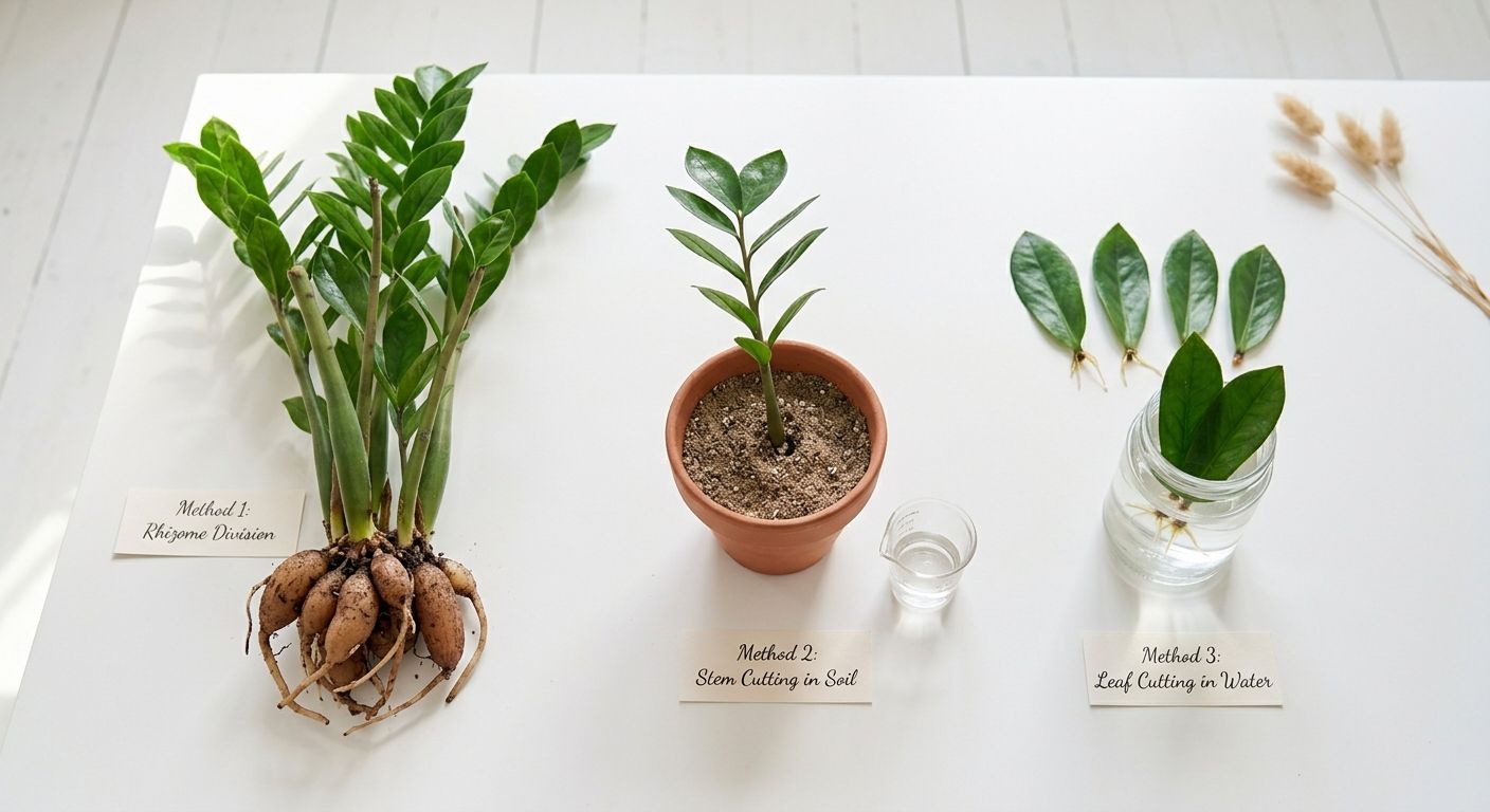 Three ZZ plant propagation methods laid out side by side — a divided rhizome section with stems, a stem cutting with the base in moist soil, and individual leaves standing in a small jar of water — bright natural light, clean white surface, educational lifestyle photography