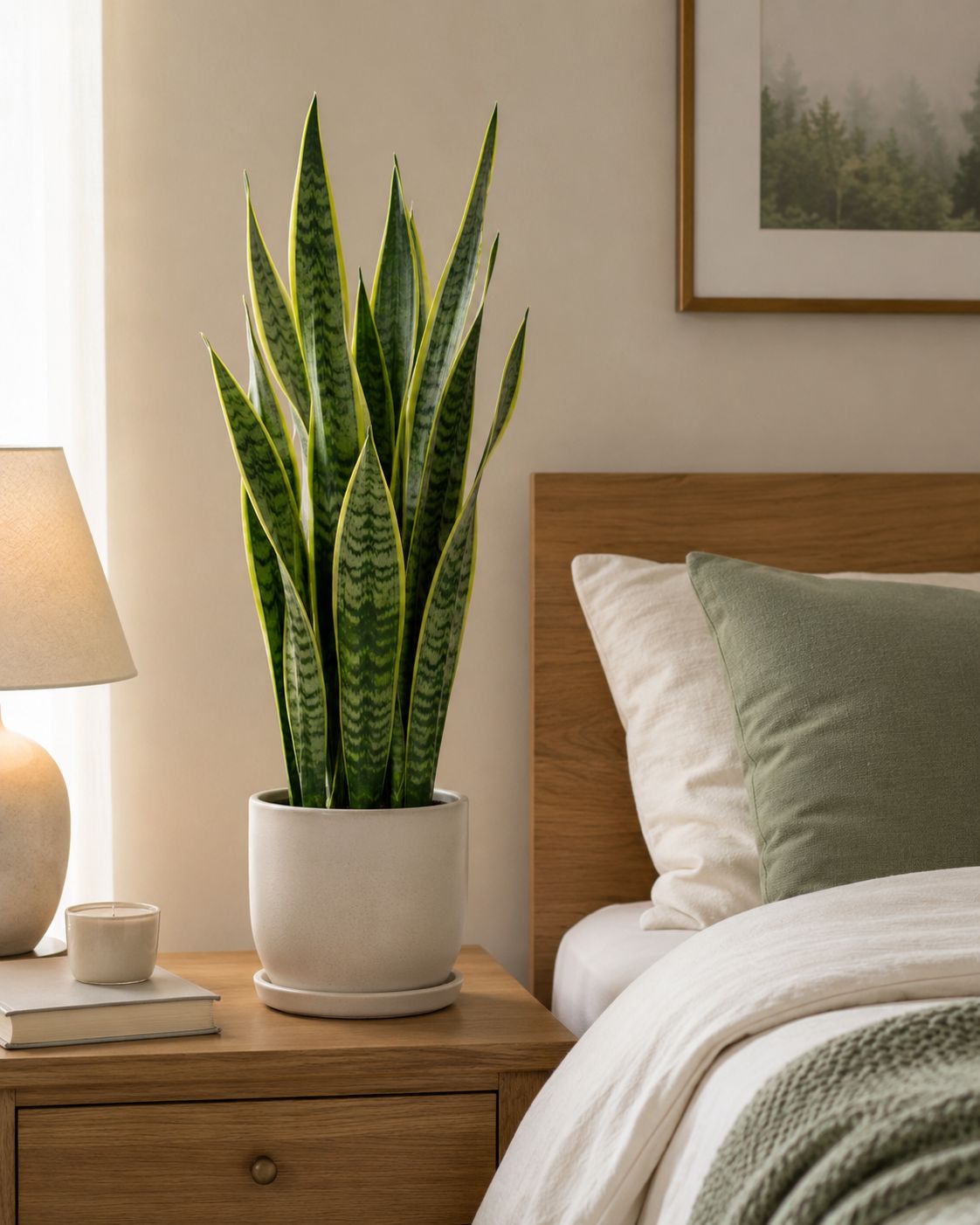 Tall upright snake plant with striped green and yellow sword-like leaves in a simple ceramic pot, placed on a bedside table in a softly lit bedroom, calm and minimal styling