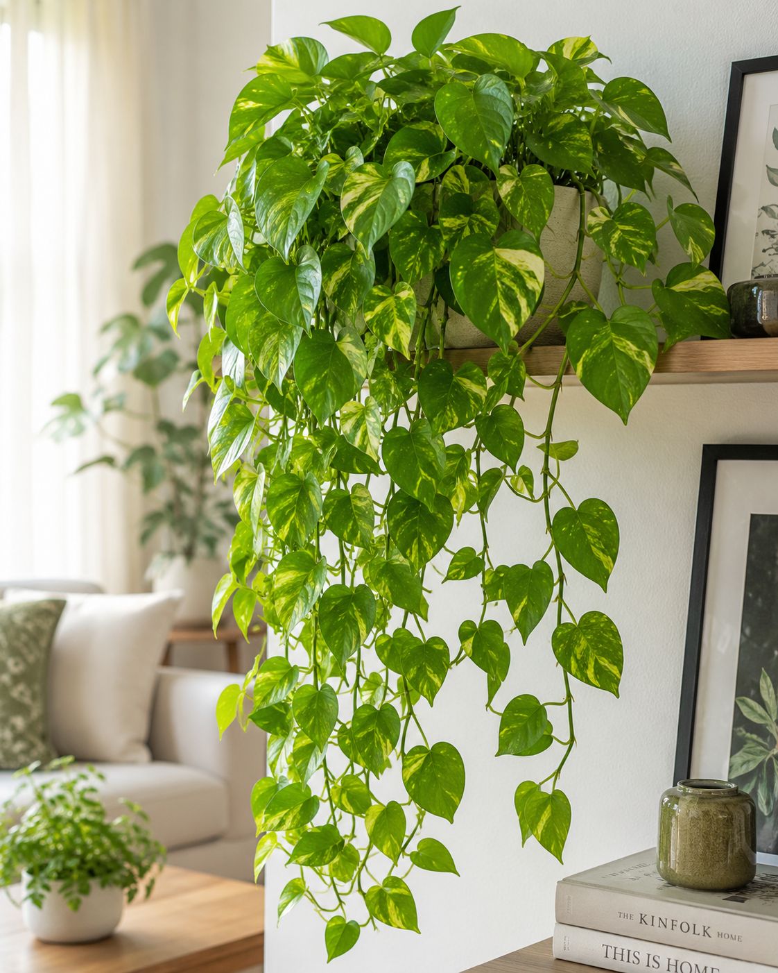 Trailing money plant with heart-shaped green leaves cascading from a hanging pot or shelf in a bright living room corner, soft natural light, lush and abundant