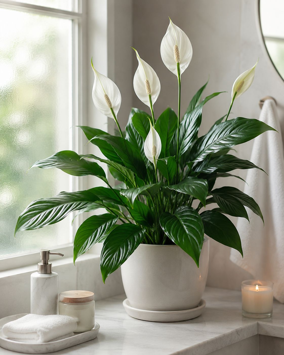 Peace lily with dark glossy leaves and elegant white spathe flowers on a windowsill or bathroom shelf, soft diffused light, calm and clean styling