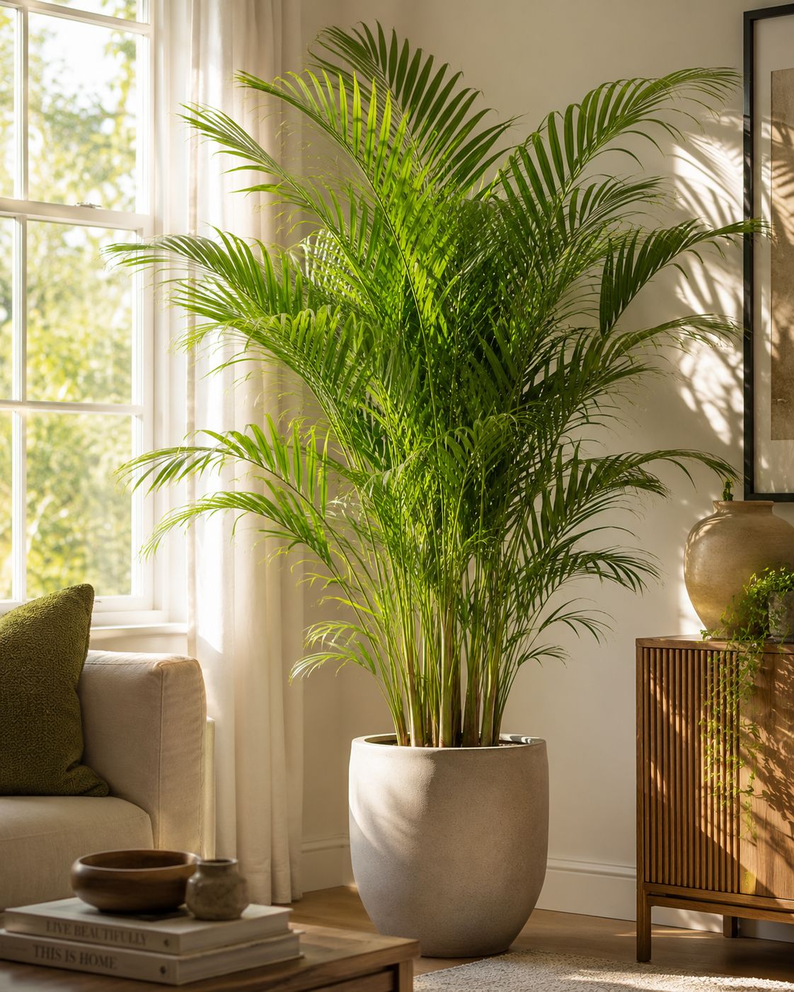 Tall, lush areca palm with feathery arching fronds in a large pot beside a sunny living room window, warm natural light, full and elegant styling