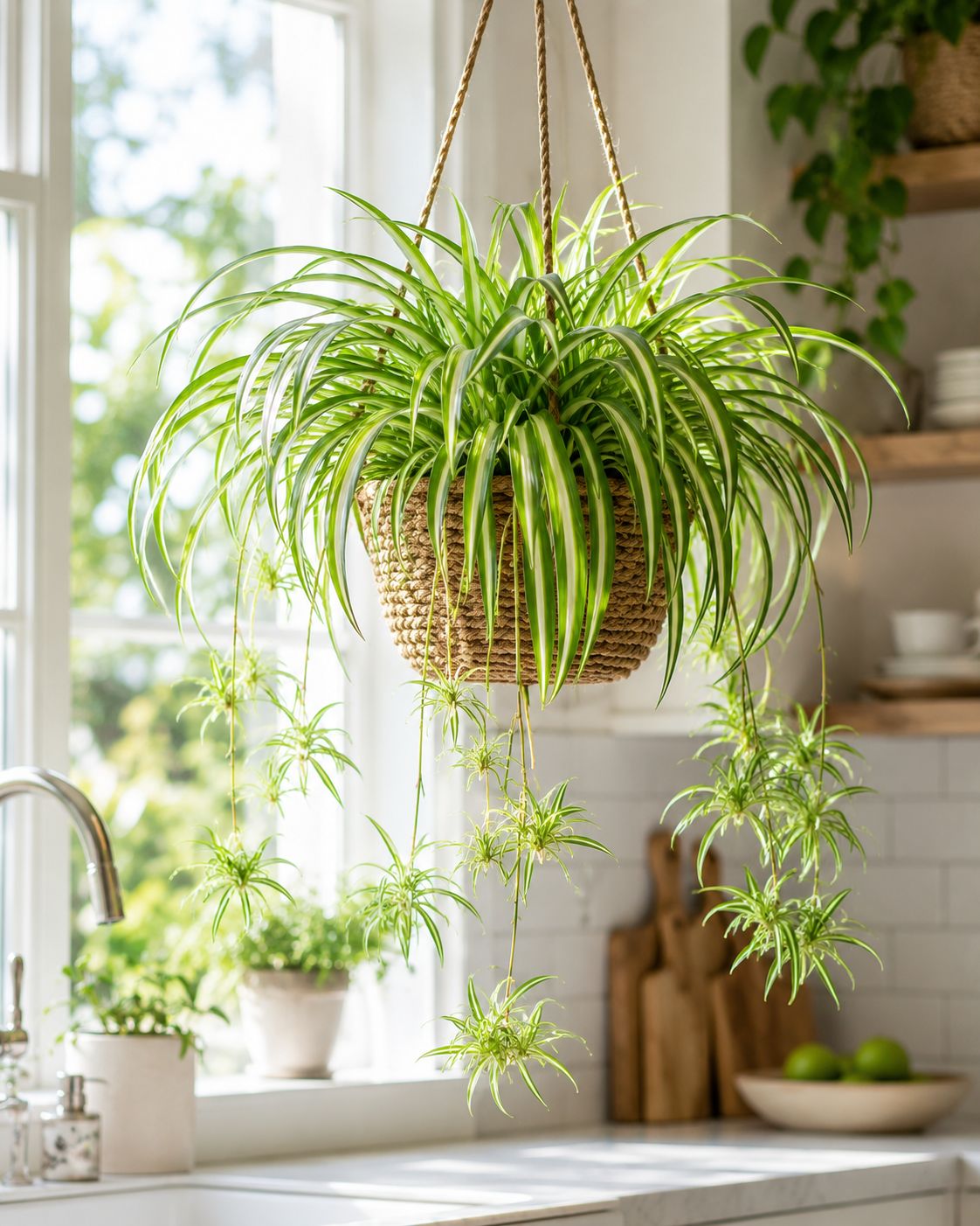 Spider plant with arching green and white striped leaves and small hanging plantlets, in a hanging basket in a bright kitchen window, cheerful and fresh lifestyle photography