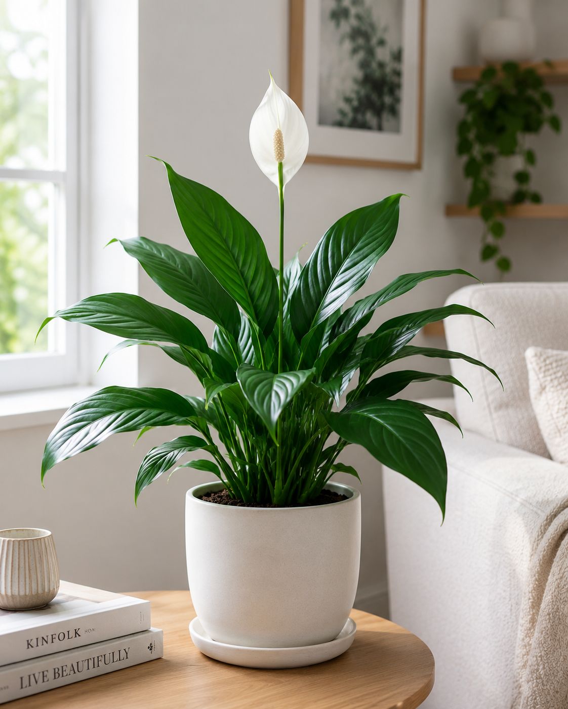 A healthy peace lily with glossy green leaves and two white spathes positioned on a side table a few feet from a bright north-facing window, soft ambient indoor light, minimal white interior, lifestyle photography