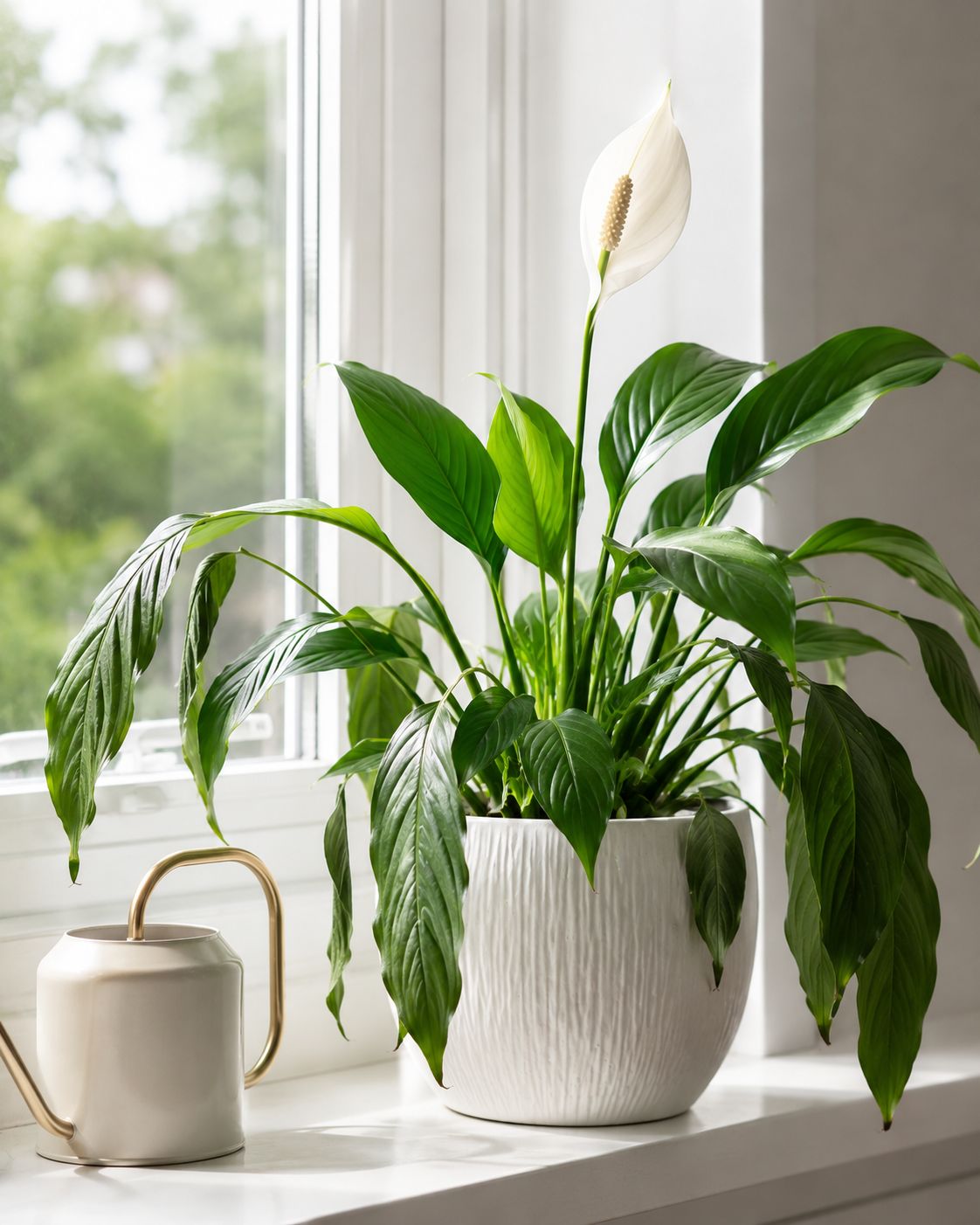 A peace lily with slightly drooping leaves in a white pot — the plant's built-in signal that it needs water — beside a watering can, bright natural indoor light, close-up lifestyle photography