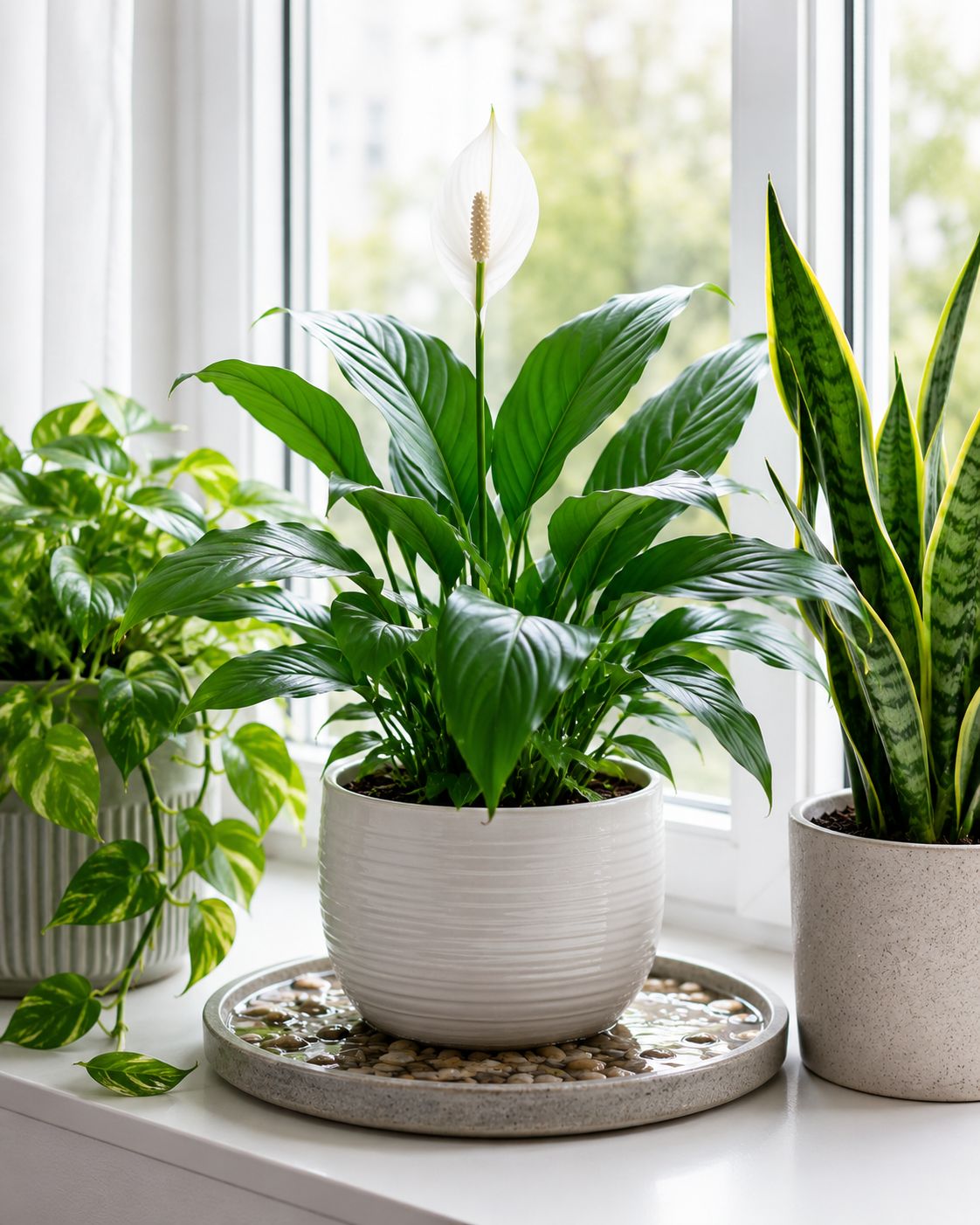 A peace lily on a pebble tray with water just below the surface of the pebbles, surrounded by other houseplants on a bright windowsill, soft natural light, clean lifestyle photography