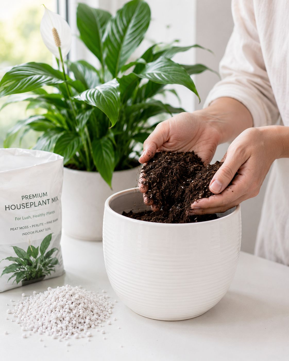 Close-up of hands filling a pot with a rich dark houseplant potting mix for peace lily, adding a layer of perlite to the base for drainage, bright natural light, clean lifestyle photography