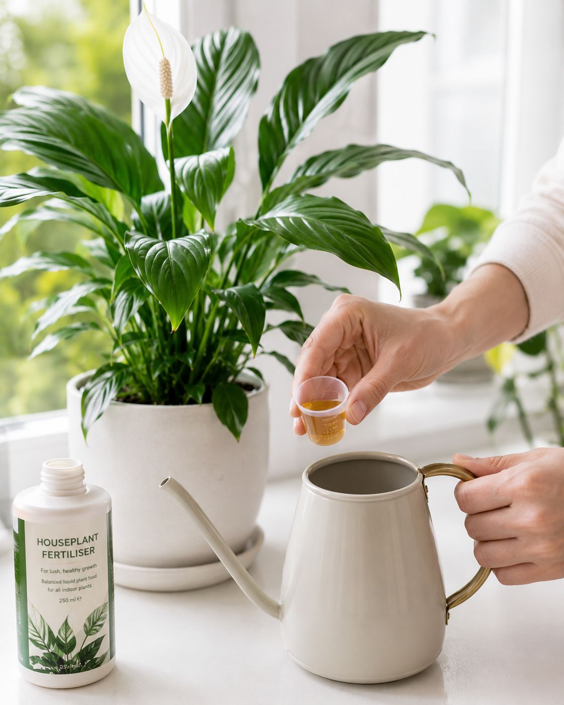Hands carefully adding liquid houseplant fertiliser to a watering can before feeding a peace lily in spring, bright natural light, clean minimal lifestyle photography