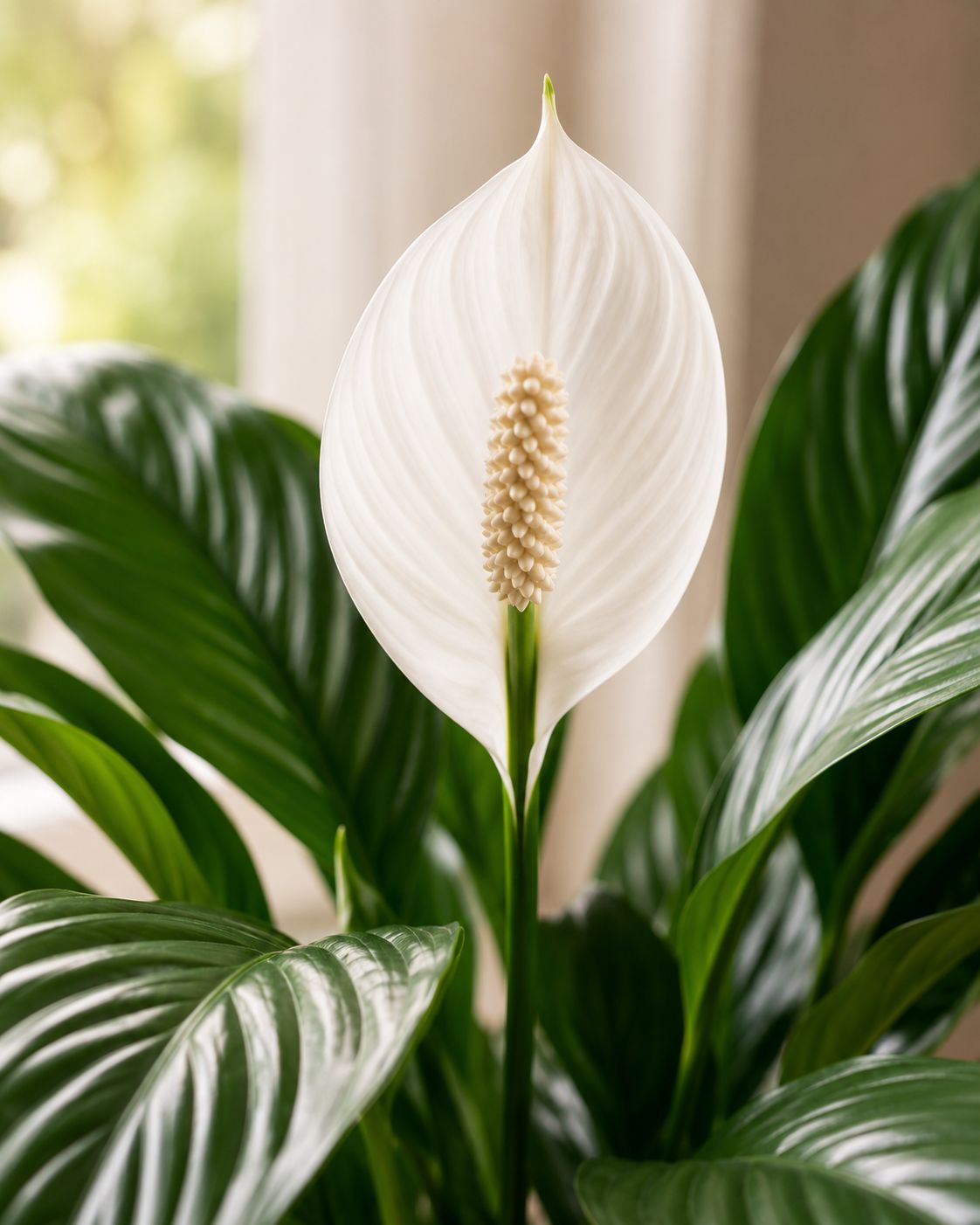 Peace lily with two elegant white spathes fully open, the central spadix clearly visible inside the hood, surrounded by glossy dark green leaves, warm soft indoor light, close-up lifestyle photography