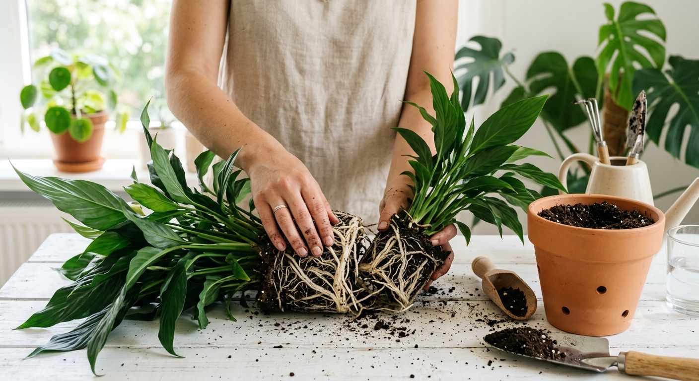 Hands gently separating a peace lily root clump into two sections at repotting time, each section with several leaves and intact roots, a fresh pot with potting mix beside them, bright natural light, educational lifestyle photography