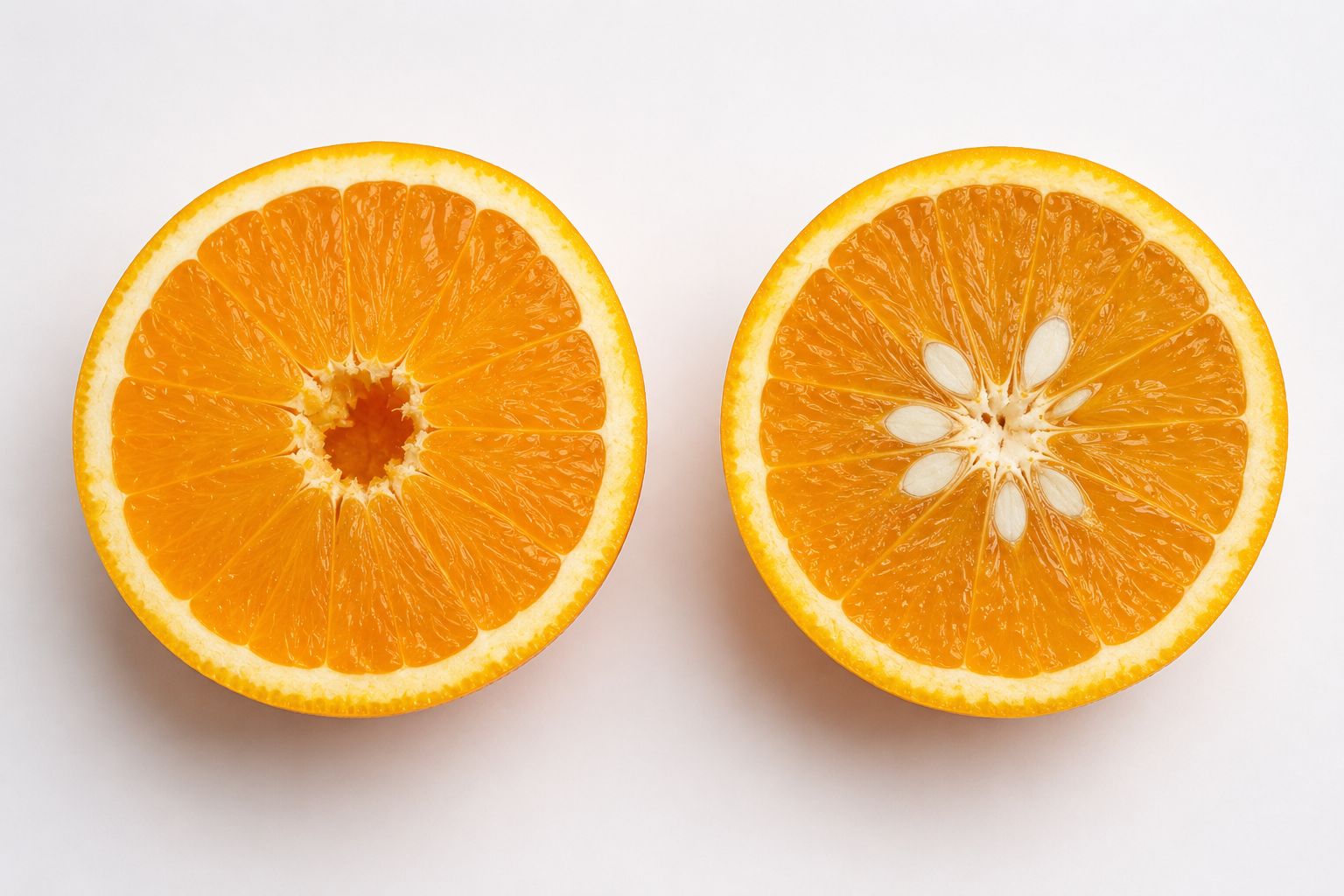 A cross-section illustration of a navel orange cut open revealing the hollow navel end where seeds would be, beside a regular seeded orange with seeds visible — clean educational photography, white background, natural light