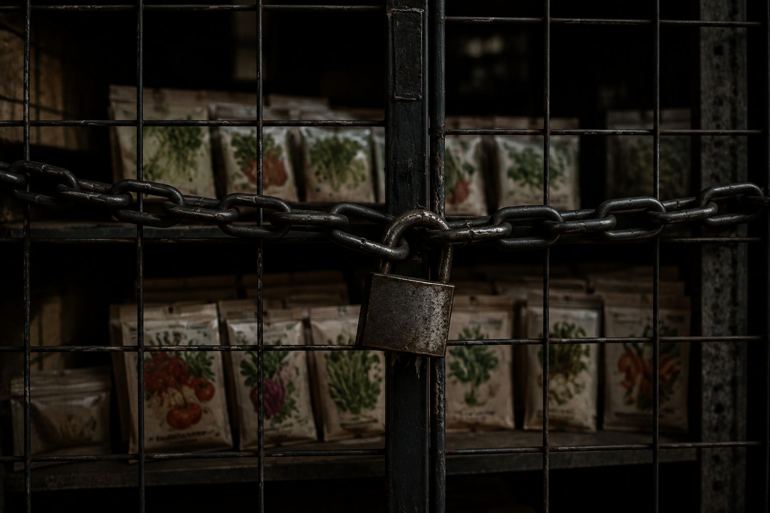 A stark image of seed packets locked behind a chain and padlock, in a corporate warehouse setting, dark industrial lighting, documentary photography