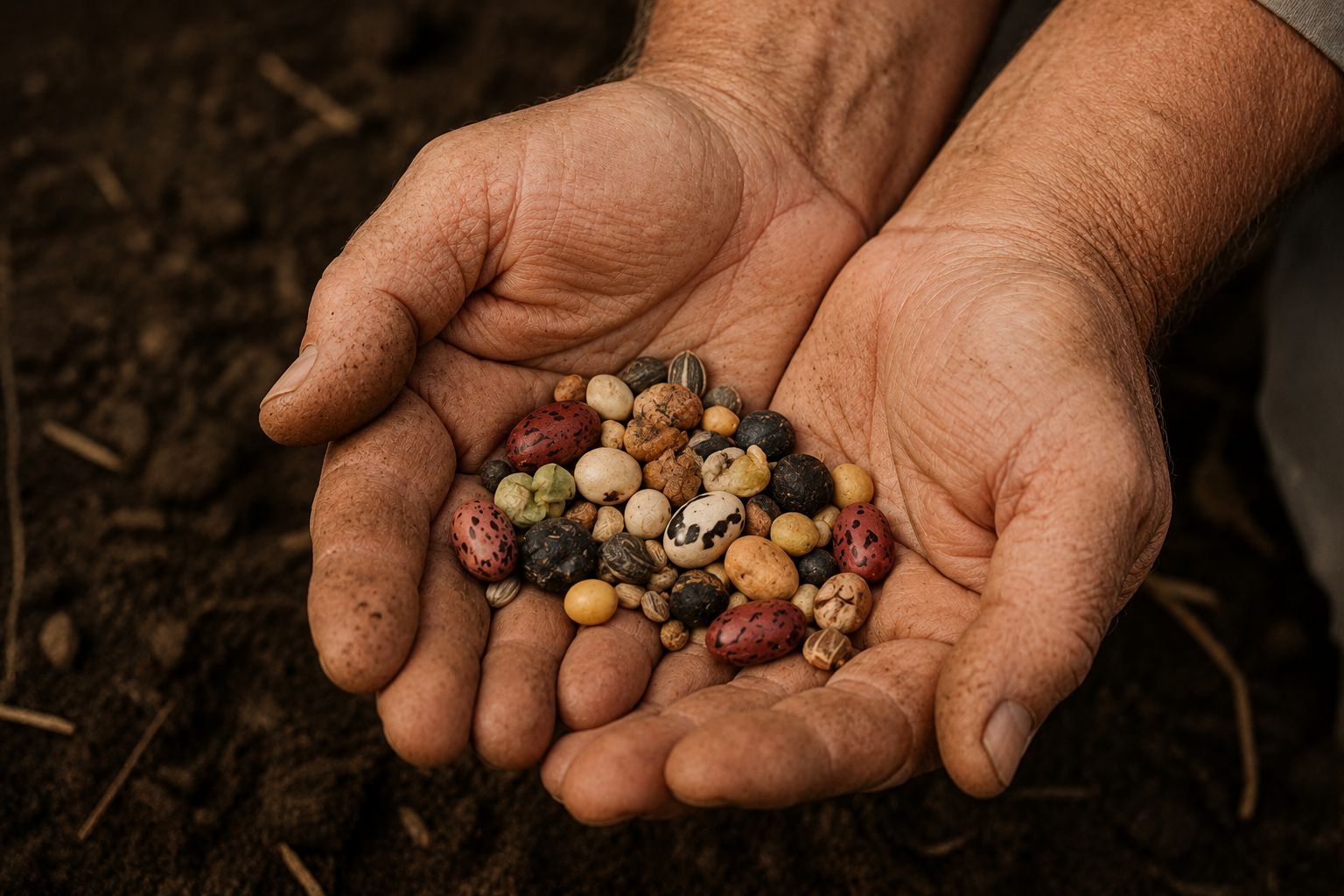 A farmer's hands holding a small collection of heirloom seeds — different colours, different sizes, irregular shapes — against dark soil, warm natural light, close and honest