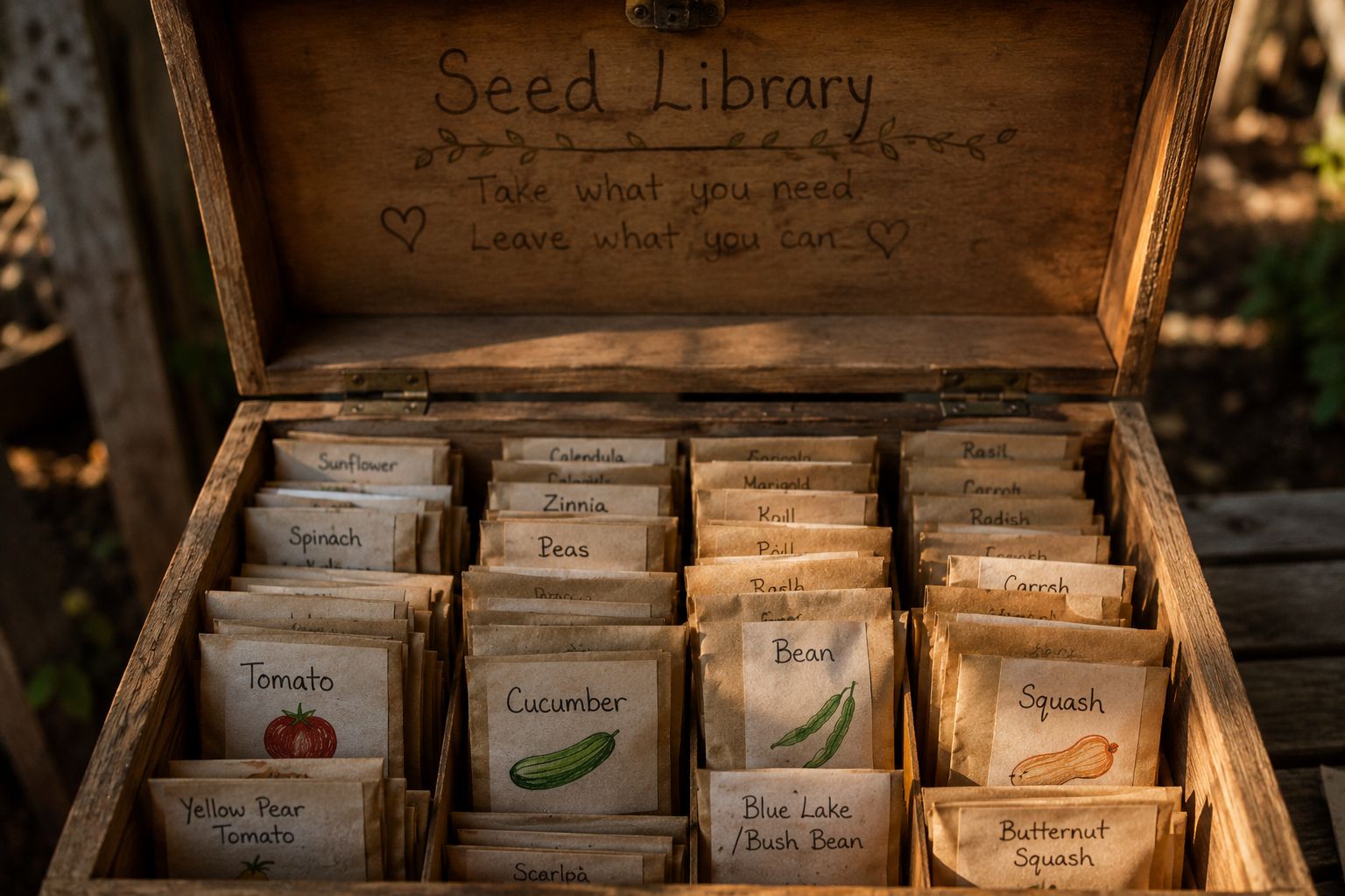 An open seed library box with dozens of small paper envelopes of saved seeds, labelled by hand with variety names — tomato, cucumber, bean, squash — warm light, documentary photography, intimate and important