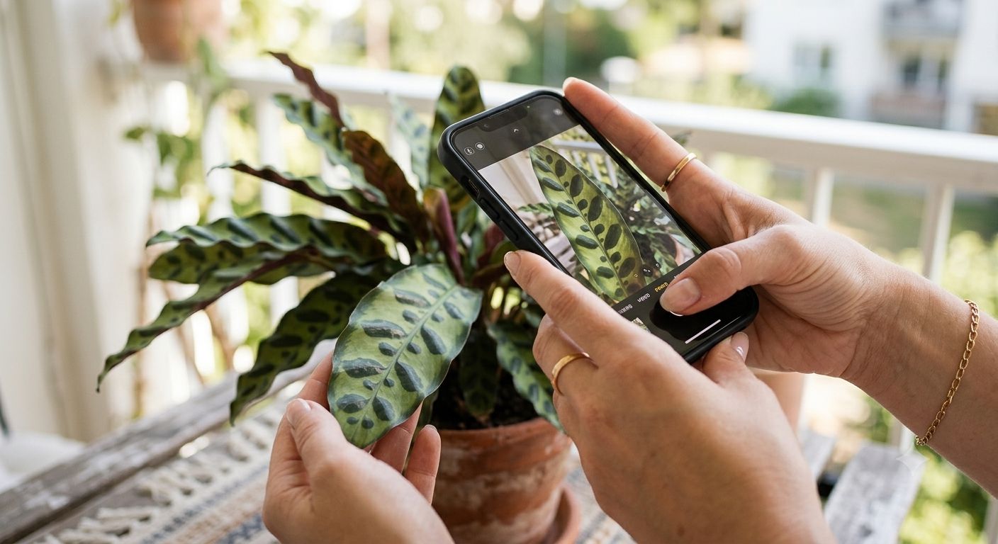 Hands holding a smartphone while taking a clear photo of a spotted plant leaf in natural daylight for AI identification.