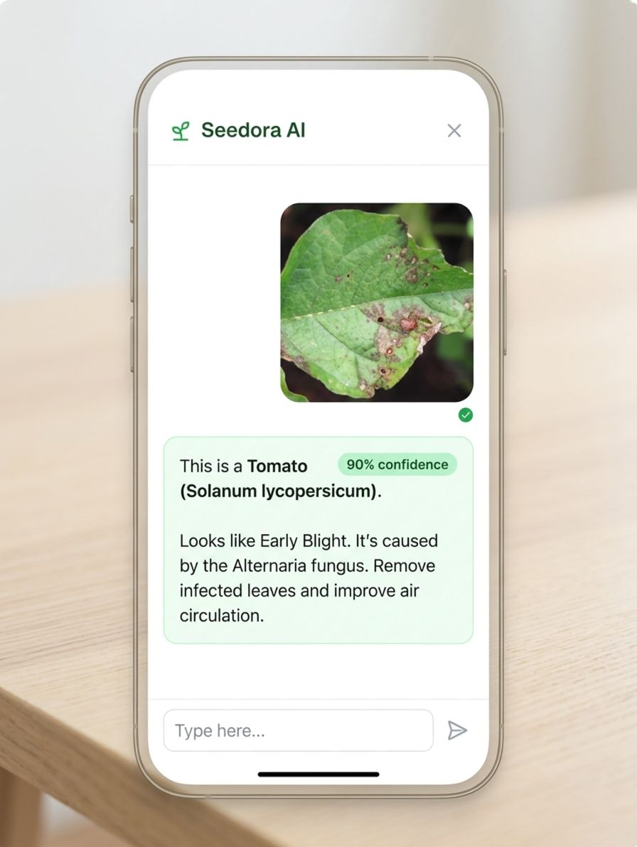 A clean mobile chat interface displaying an uploaded plant photo alongside an AI response identifying the plant and providing care advice.