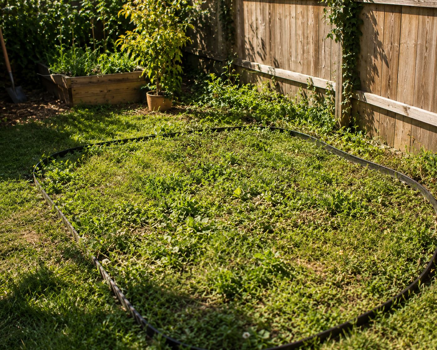 Sunny backyard patch of grass and weeds marked out with garden edging, ready to be converted into a no-till garden bed, warm natural daylight, before-photo lifestyle styling