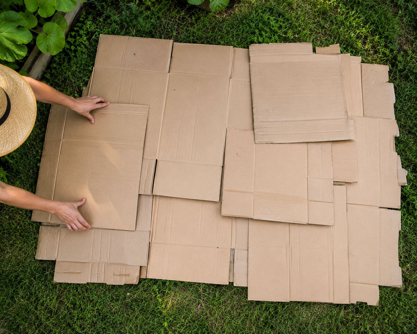 Hands laying flattened cardboard boxes over a patch of grass, overlapping the edges completely, ready for the next layer of compost, top-down lifestyle photography, natural daylight