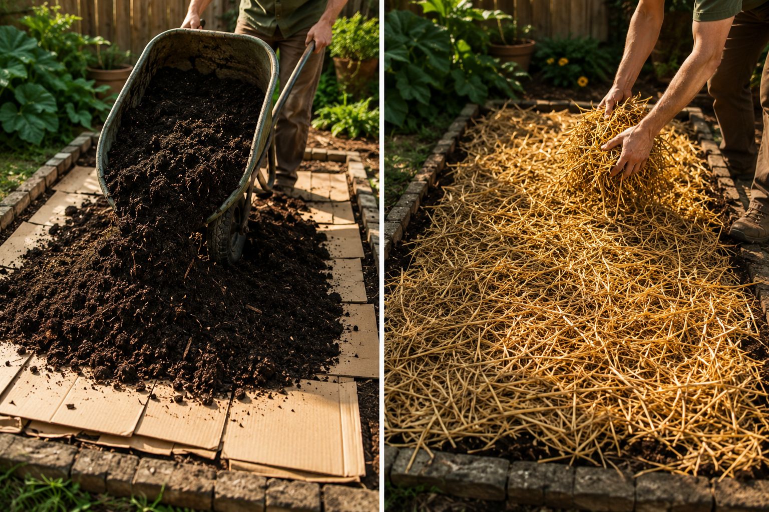 Wheelbarrow of dark compost being spread in a thick even layer over cardboard sheets in a garden bed, followed by a lighter layer of straw mulch on top, warm afternoon light, hands-on lifestyle photography