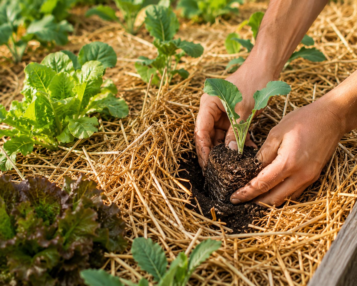 Hands gently pushing aside straw mulch to plant a small vegetable seedling into the compost layer beneath, healthy seedlings already growing nearby in the same bed, close-up lifestyle photography