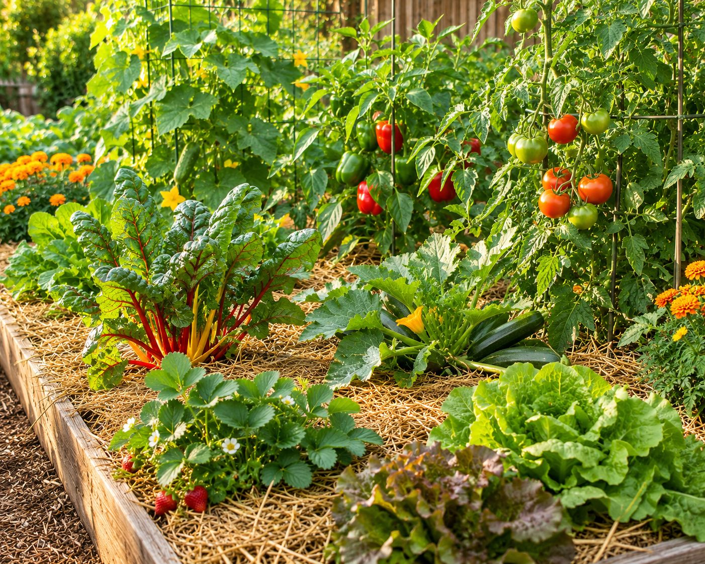 Well-established no-till garden bed in its second season, dense healthy vegetable plants growing through a thick mulch layer with almost no visible weeds, thriving and abundant, warm natural light