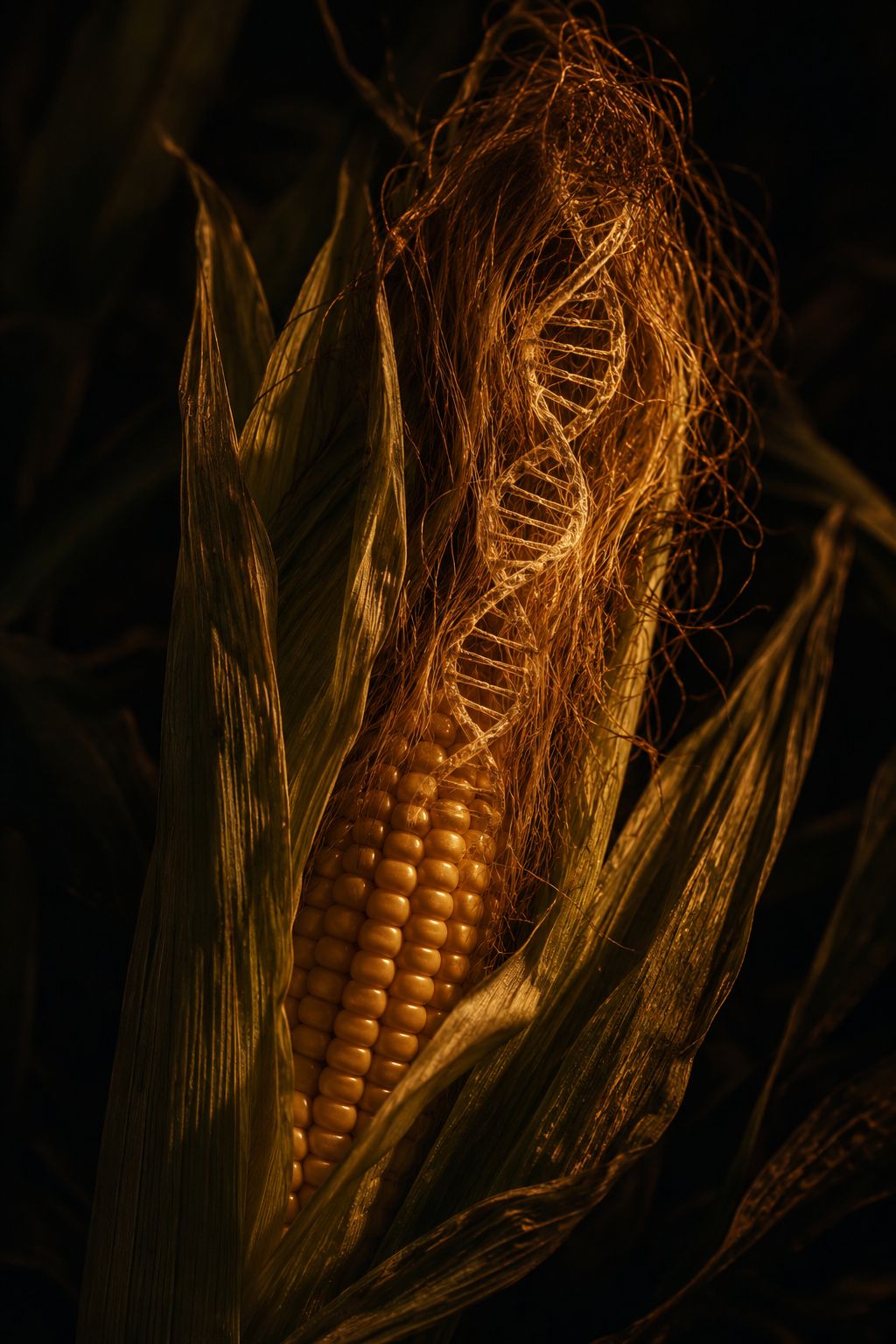 A close-up of corn DNA strand illustration overlaid on a corn husk, representing genetic modification research, dark editorial educational photography, warm amber tones, dramatic lighting