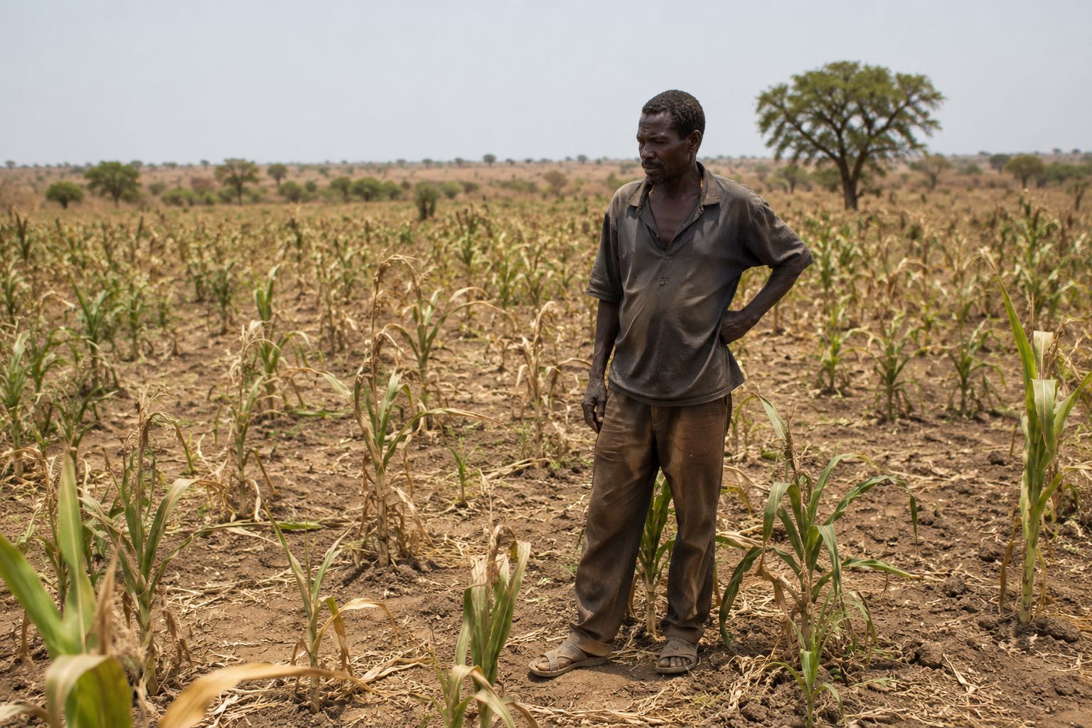 A small-scale African farmer standing in a maize field that shows poor yield, dry soil, sparse crop growth, documentary photography style, honest and unembellished, warm dust tones