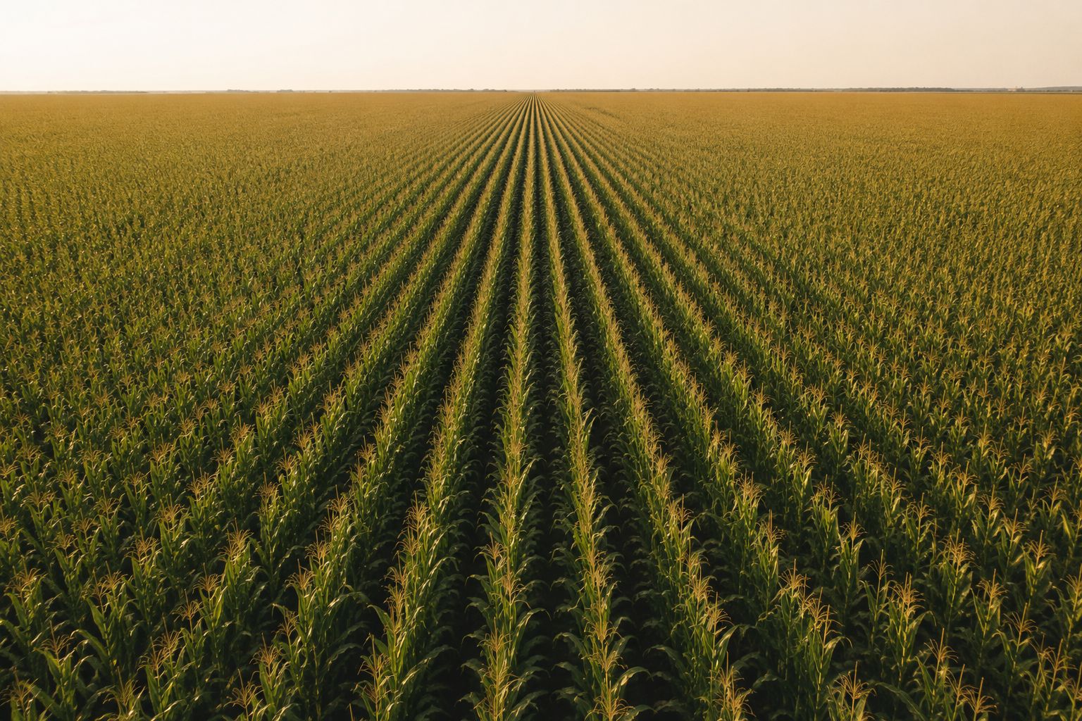 A photograph of a large corn monoculture plantation stretching to the horizon, uniform rows, no diversity visible, industrial scale agriculture, documentary photography, slightly unsettling mood