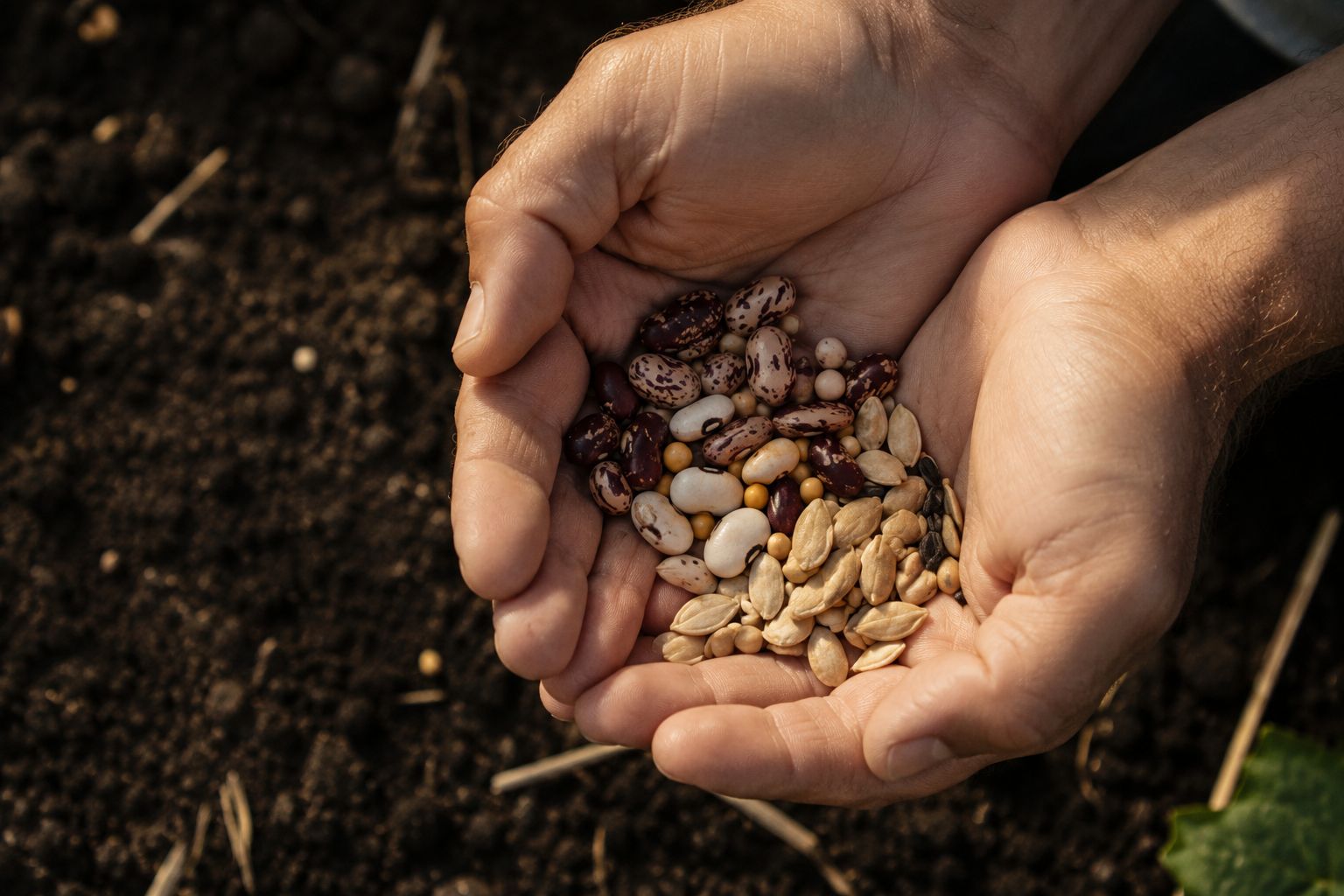 A pair of hands holding a small collection of saved heirloom seeds — different shapes, colours, sizes — against dark soil, warm natural light, close and honest, documentary photography
