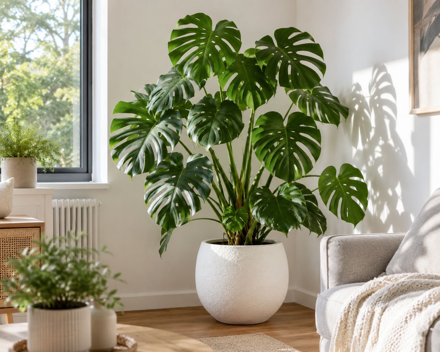 A large Monstera deliciosa in a white textured ceramic pot standing in the corner of a bright modern living room, dramatic split leaves catching afternoon light, white walls, minimal Scandinavian interior, lifestyle photography