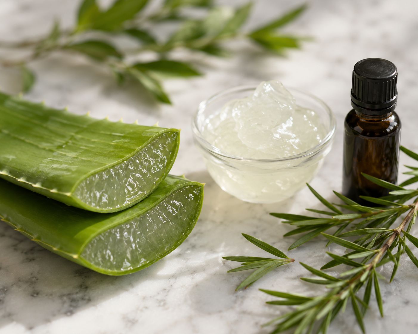 Fresh aloe vera leaf cut in half showing clear gel inside, beside a small bowl of raw aloe gel and a tea tree oil bottle on white marble, warm natural light, botanical lifestyle photography
