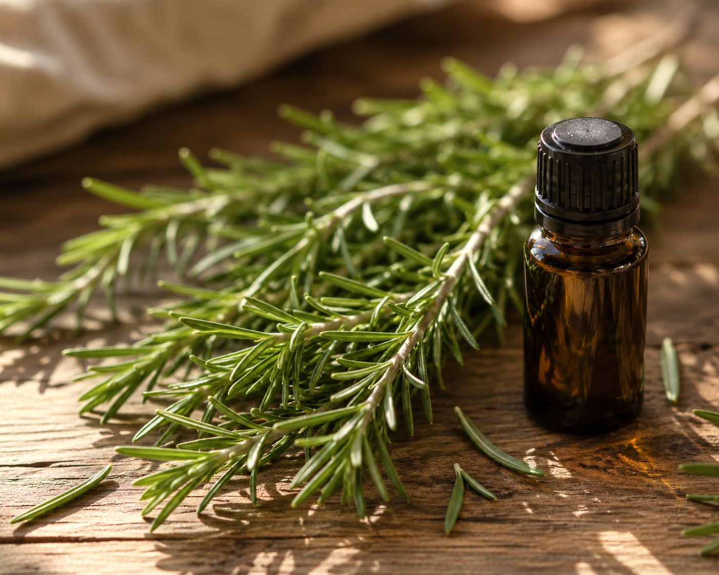 Fresh rosemary sprigs beside a small dark glass bottle of rosemary essential oil on a wooden surface, warm natural morning light, botanical lifestyle photography