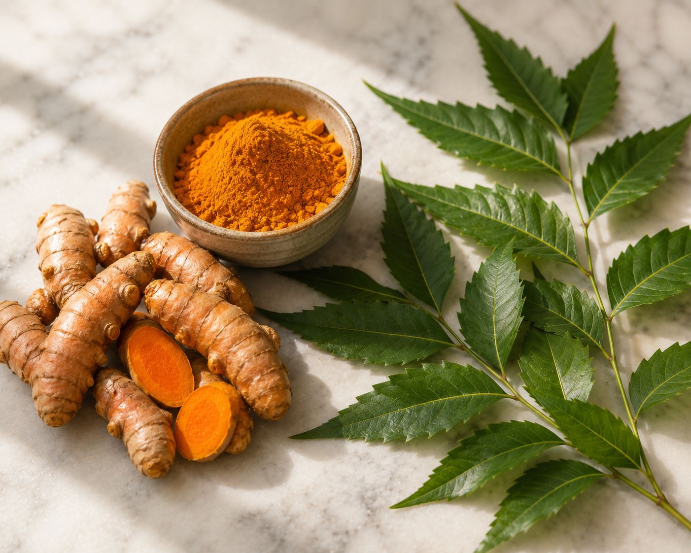 Fresh turmeric root and turmeric powder in a small ceramic bowl on white marble beside green neem leaves, warm natural light, botanical flat lay photography