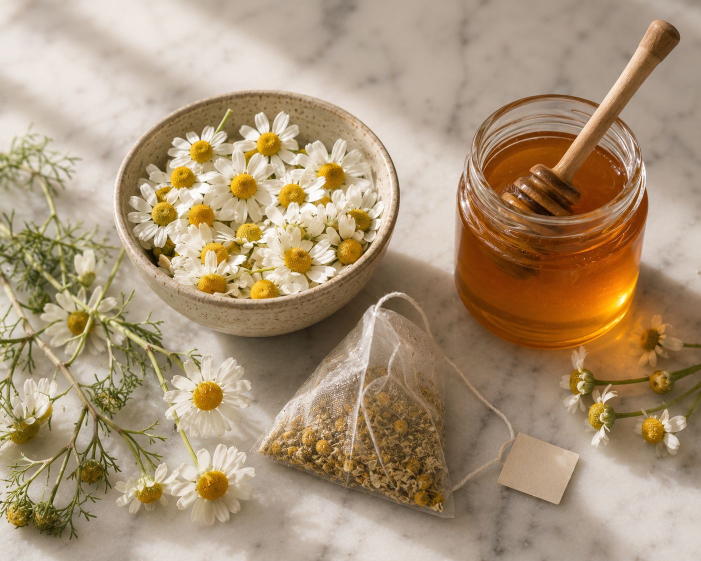 Fresh chamomile flowers in a small ceramic bowl beside a bottle of chamomile essential oil and raw honey on white marble, soft warm natural light, botanical lifestyle photography