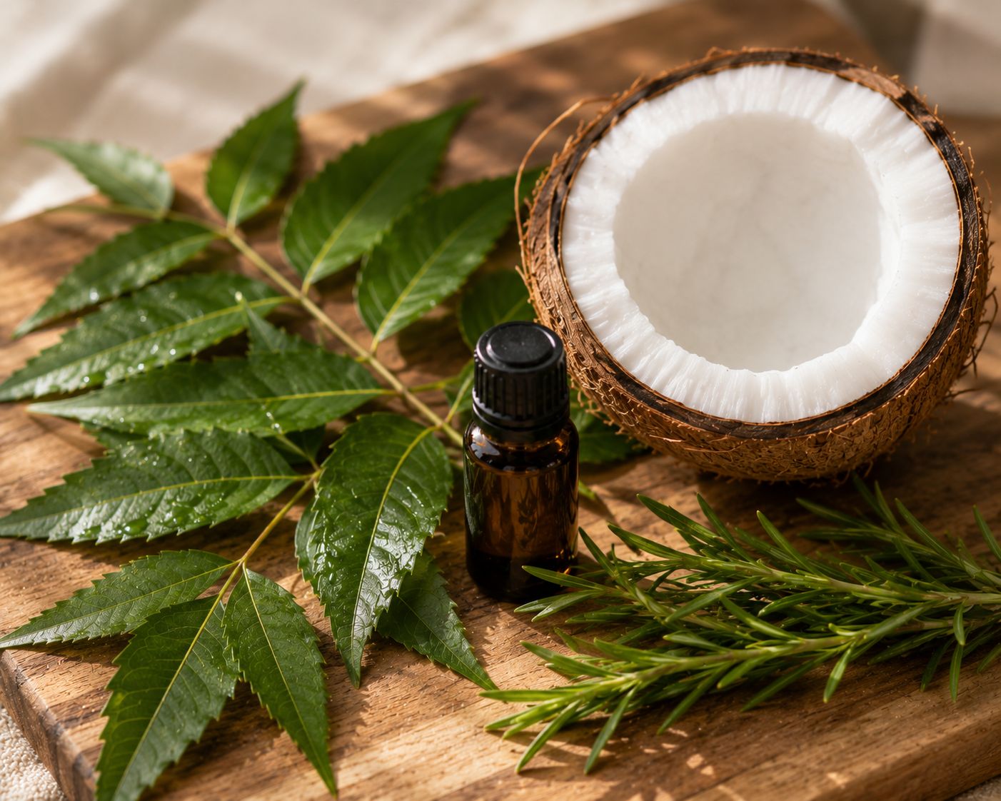 Fresh neem leaves and a small bottle of tea tree oil beside a coconut cut in half on a wooden board, warm natural light, clean botanical photography