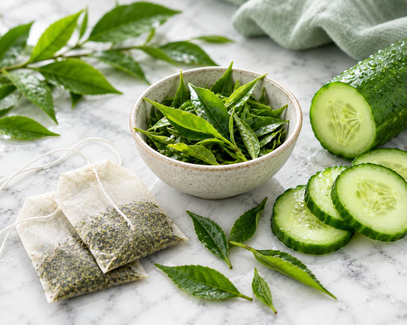 Fresh green tea leaves and a cooled green tea bag beside cucumber slices on white marble, soft cool natural light, botanical lifestyle photography