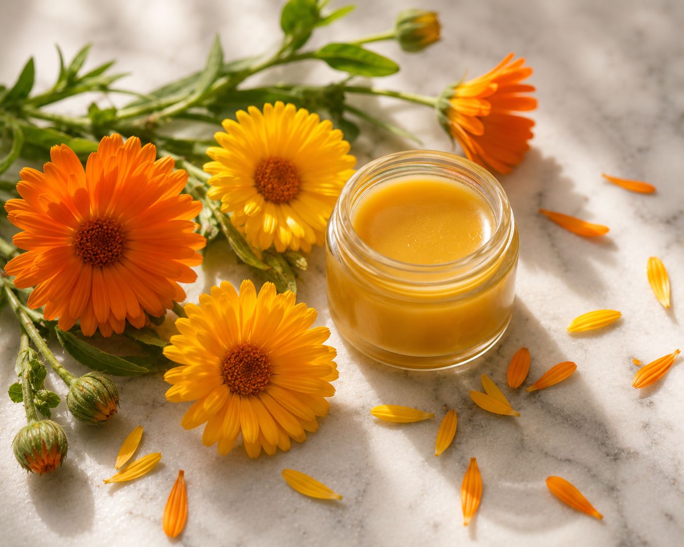 Fresh calendula flowers in orange and yellow beside a small jar of calendula balm on white marble, warm natural light, botanical lifestyle photography